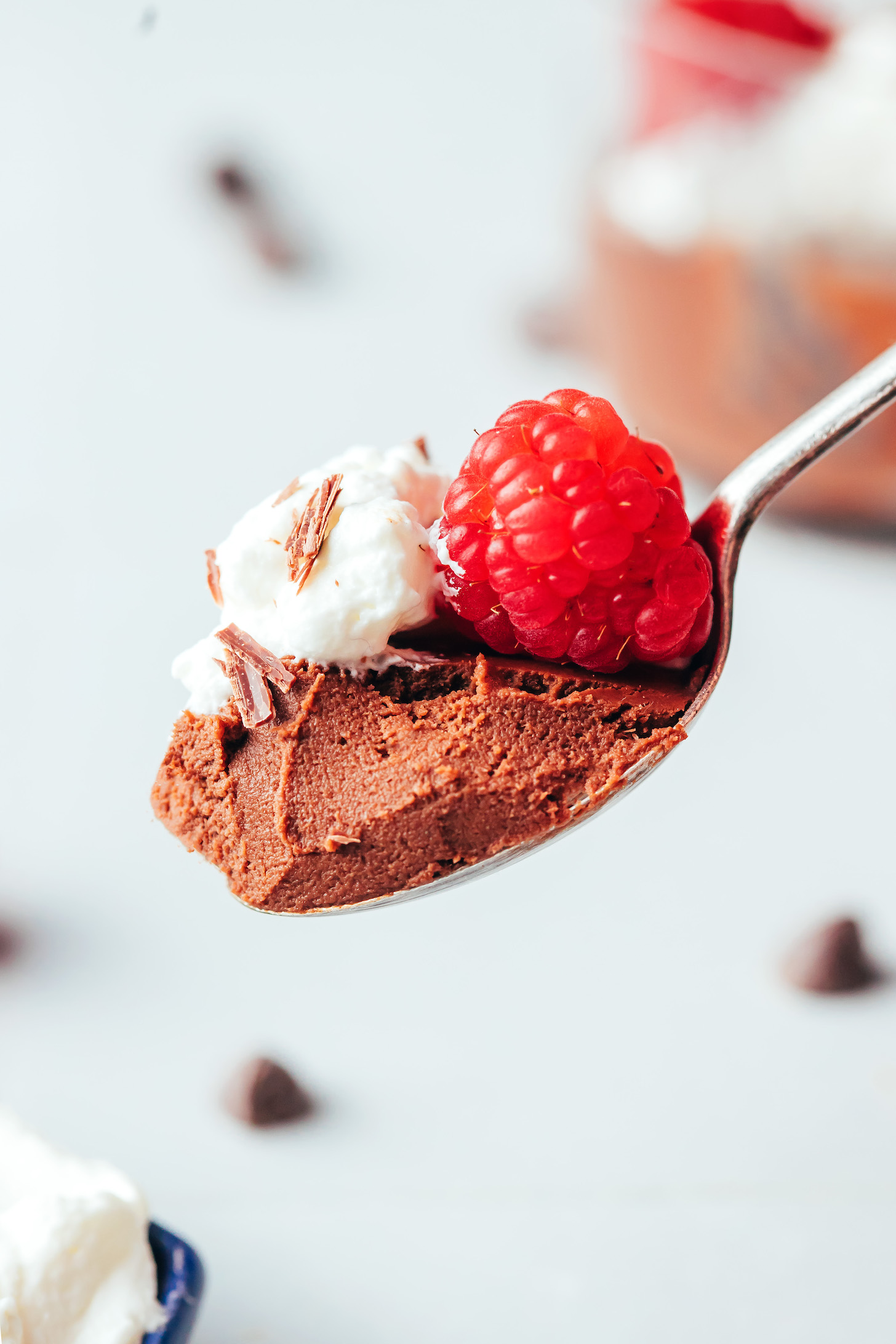 A spoon with a close up shot of a bite of chocolate pot de creme topped with coconut whipped cream, shaved dark chocolate, and a raspberry