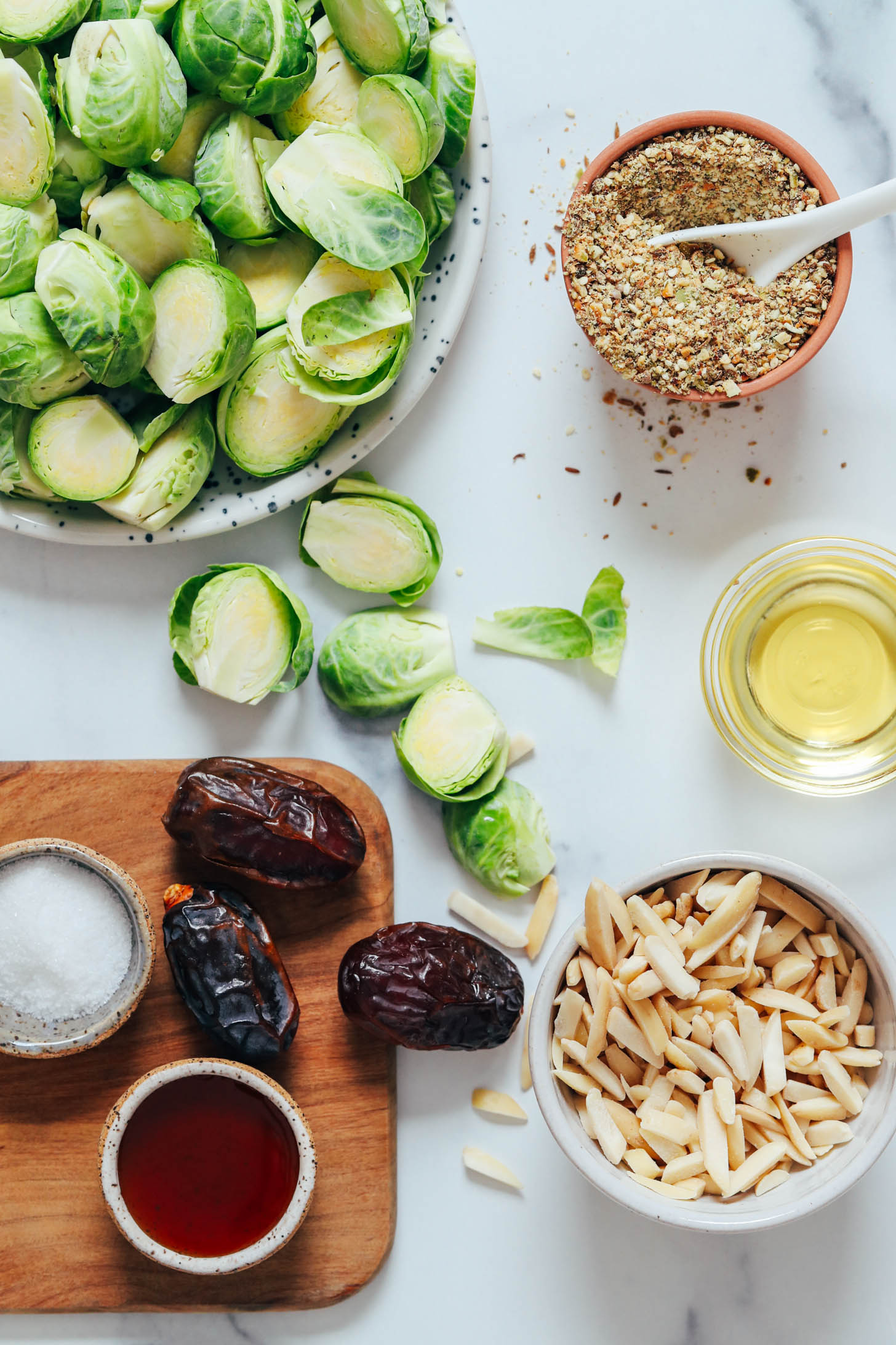 Brussels sprouts, dukkah seasoning, avocado oil, almonds, dates, honey, and sea salt