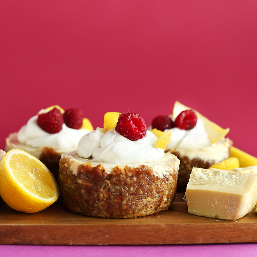 Cutting board filled with Mini Cheesecakes for our Easy Plant-Based Mother's Day Recipes roundup